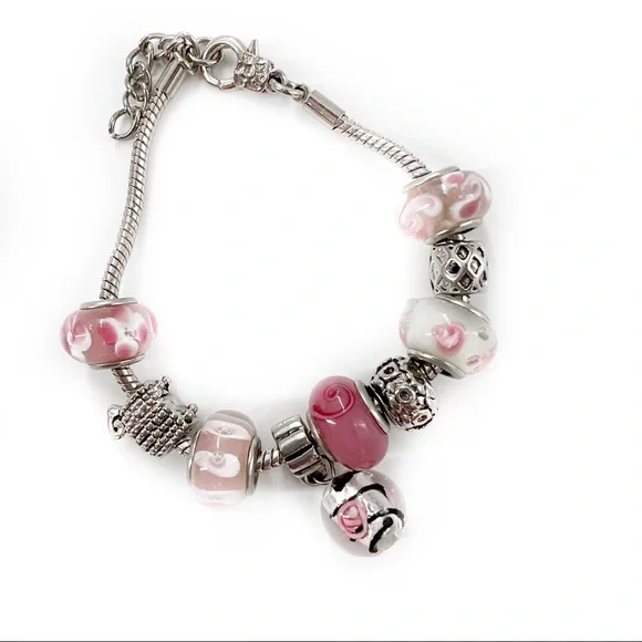 Silver & Pink Glass Bead Charm Bracelet 7-8” - Picture 10 of 10